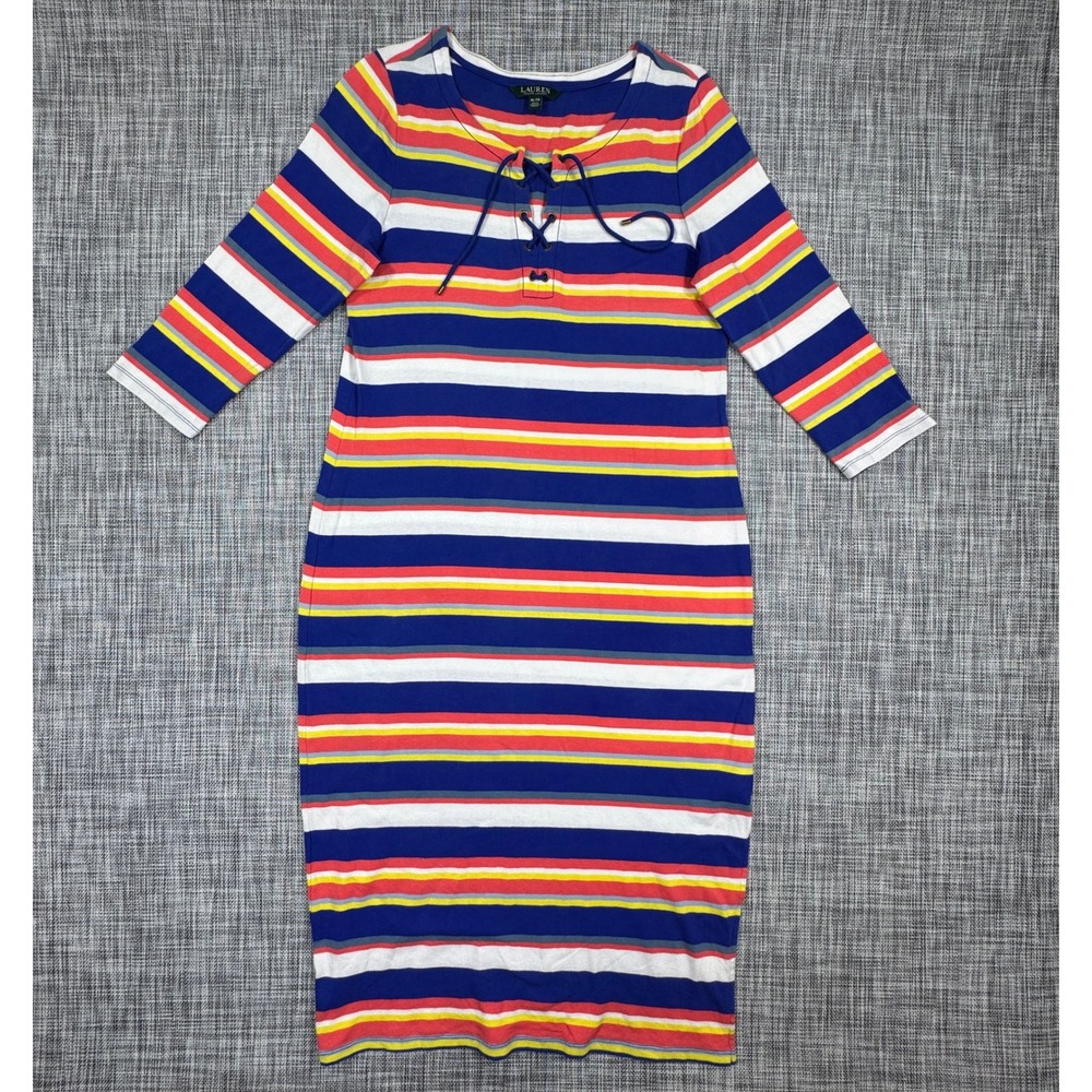 Lauren Ralph Lauren Womens XL Striped Lace Up Cotton 3/4 Sleeve Midi Dress Blue